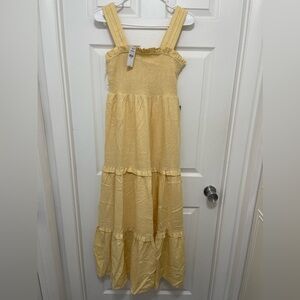 Linen-Blend Square Neck Smocked Tiered Maxi Dress.
